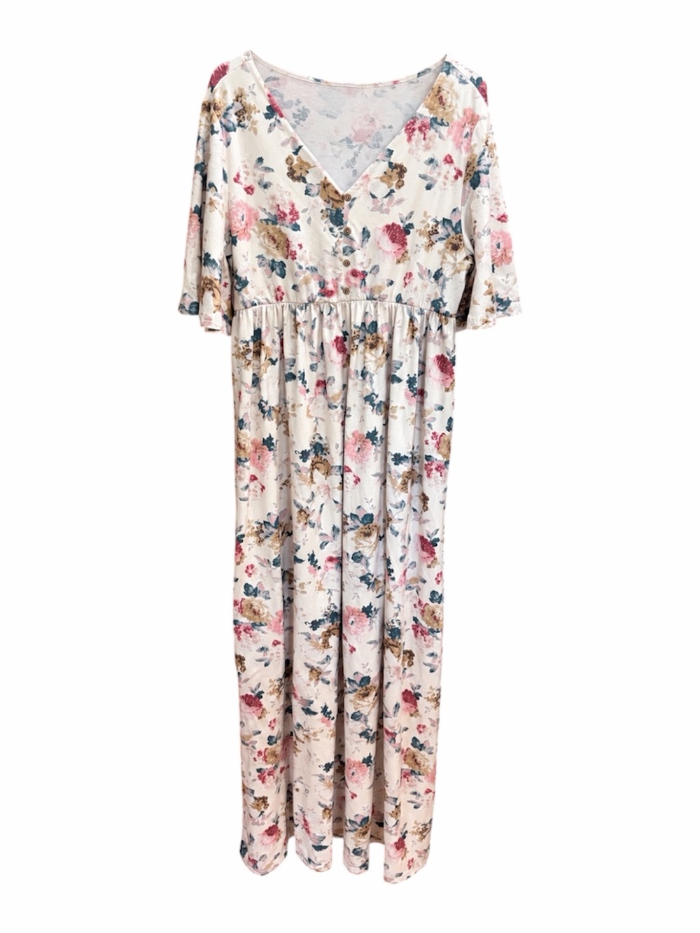 Floral V-Neck Maxi Dress in Cream and Pink